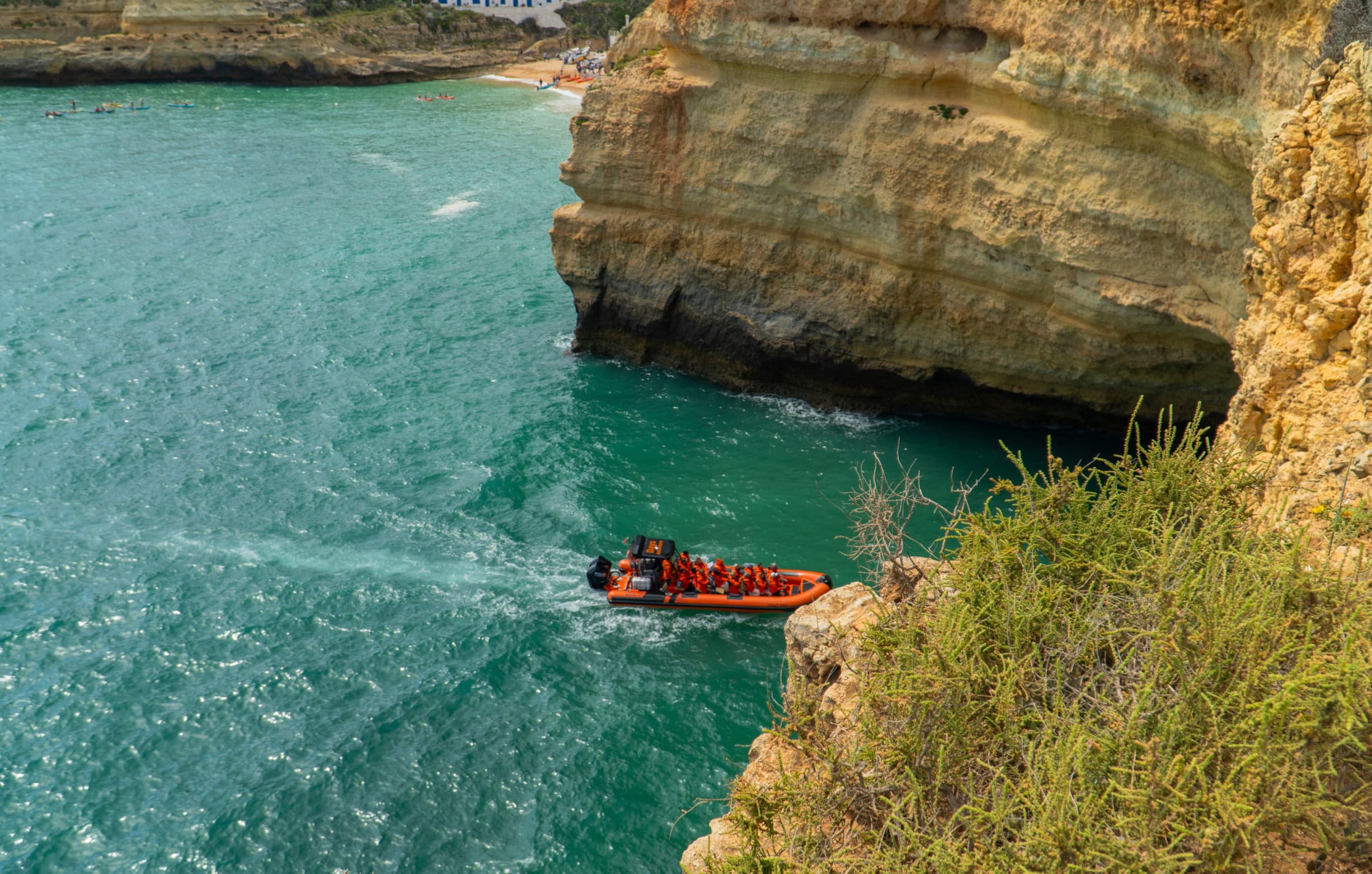 Speedboat entering the Benagil caves along the Algarve coast